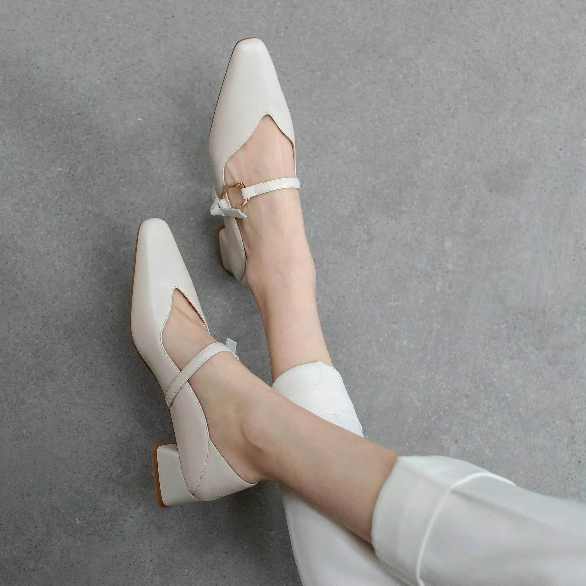 Genuine Leather Square Toe Med Heel Women Pumps