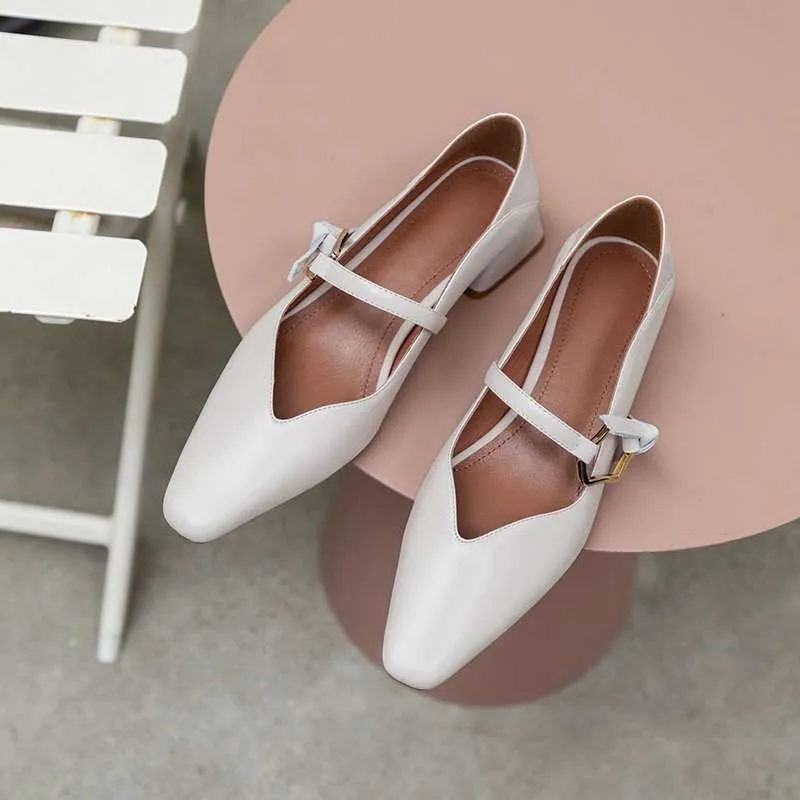 Genuine Leather Square Toe Med Heel Women Pumps
