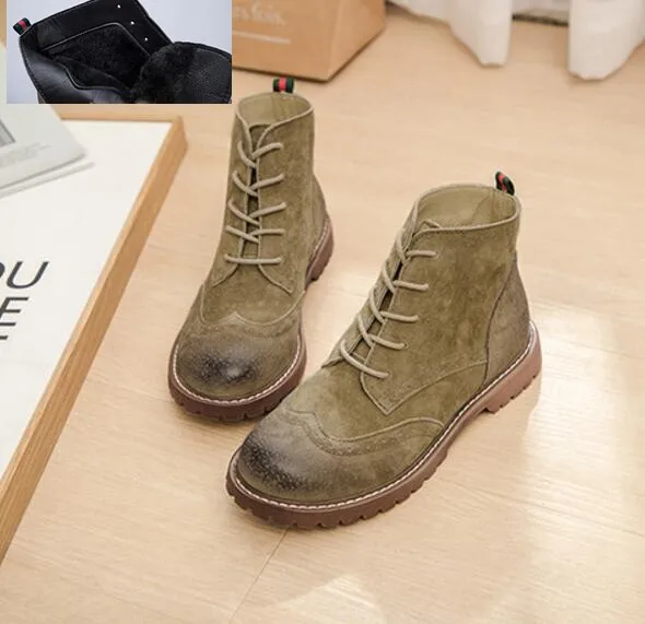 Genuine Leather Women Martin Boots 2020 New Spring Suede Pigskin Women Booties Lace Up Women Ankle Boots