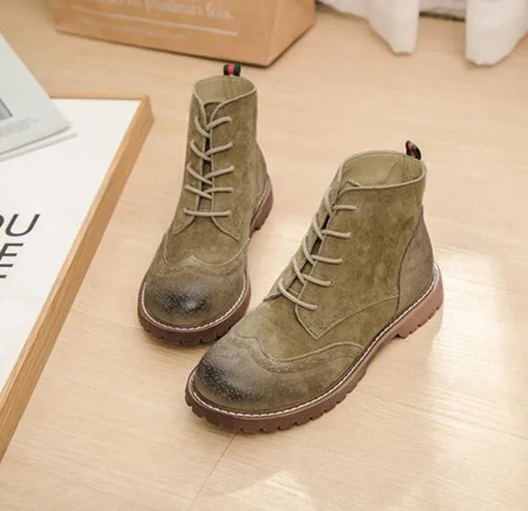 Genuine Leather Women Martin Boots 2020 New Spring Suede Pigskin Women Booties Lace Up Women Ankle Boots