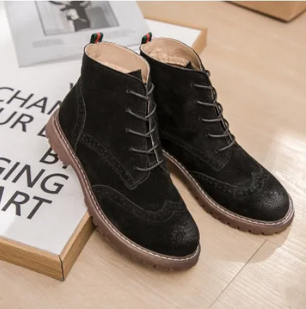 Genuine Leather Women Martin Boots 2020 New Spring Suede Pigskin Women Booties Lace Up Women Ankle Boots