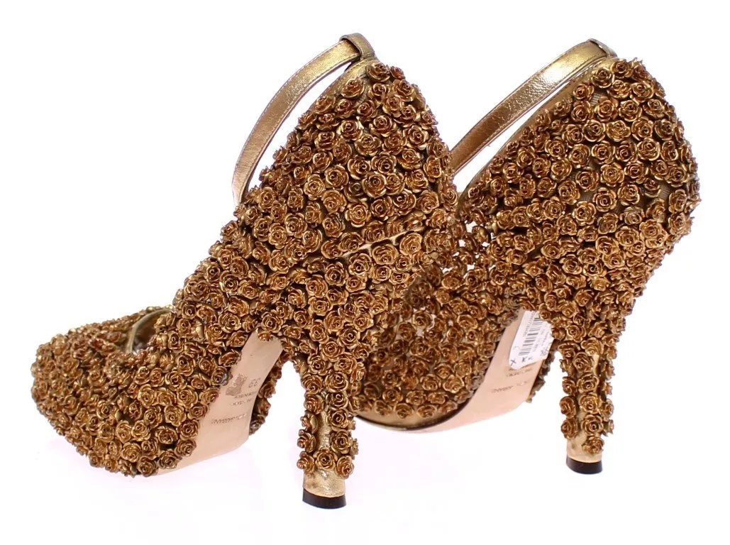 Gold Floral Metal Leather Pumps