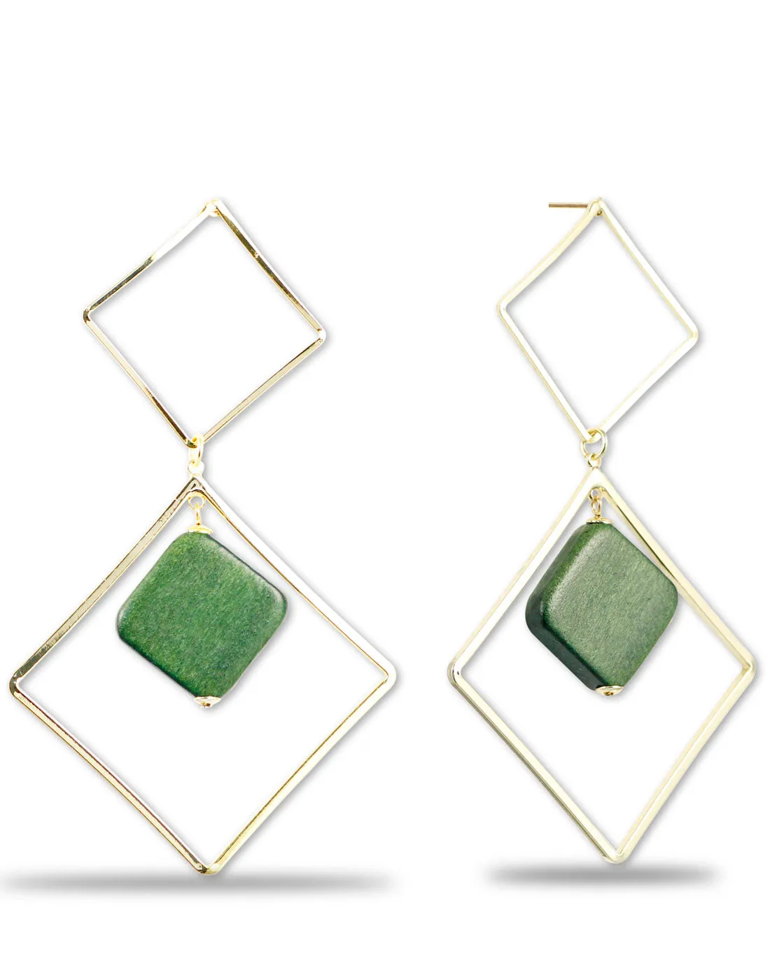Gold Metal Mate Green Geometrical Crystal Earrings
