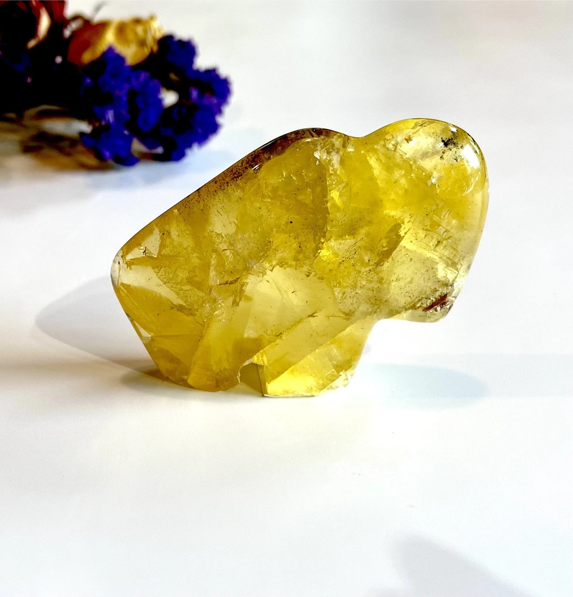 Golden Grass Fluorite Buffalo Carving