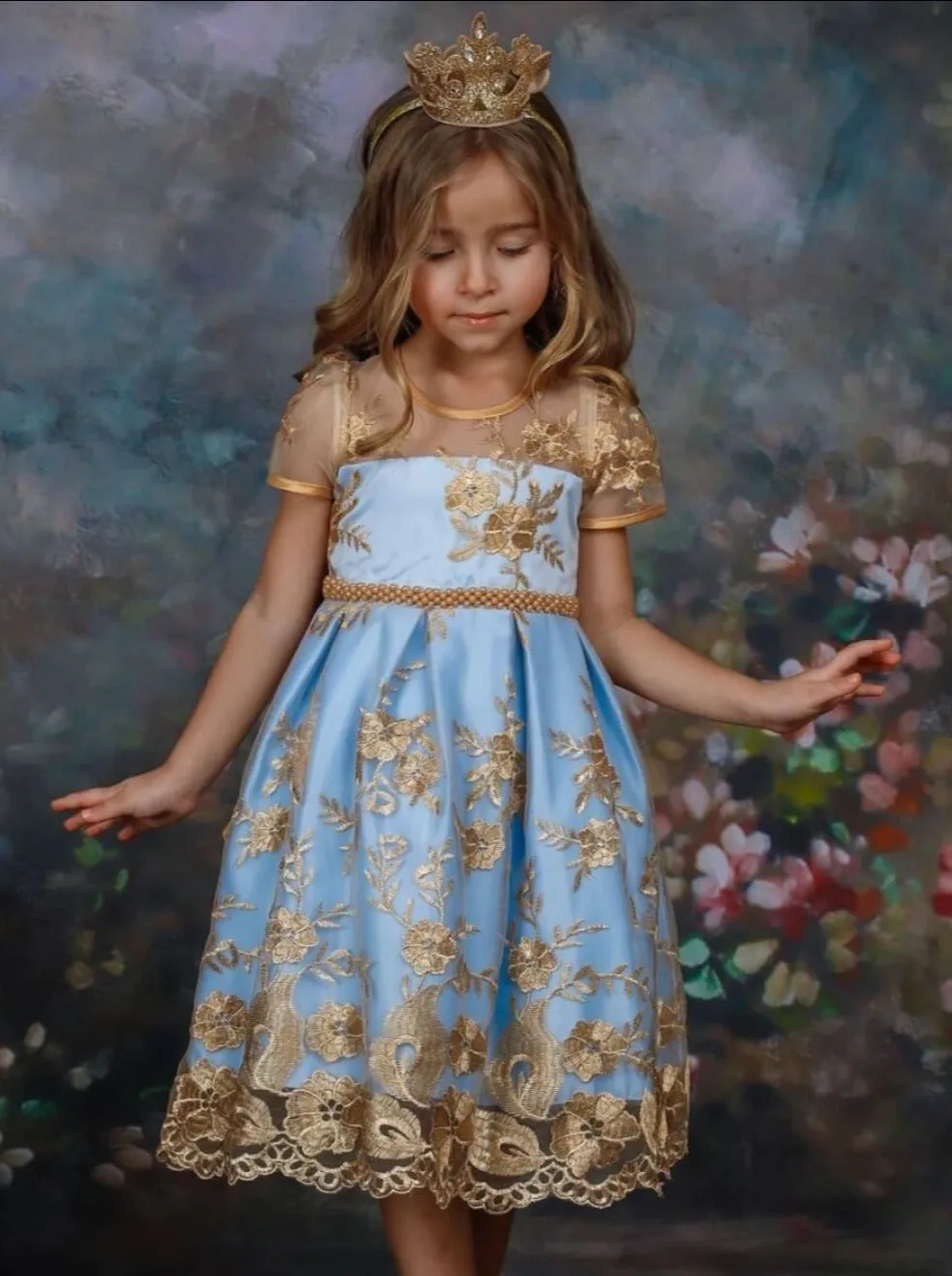 Golden Princess Floral Lace Sheer Dress
