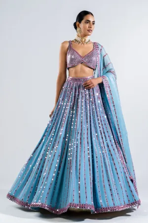 Ice Blue Linear Drop Lehenga With Metallic Blouse