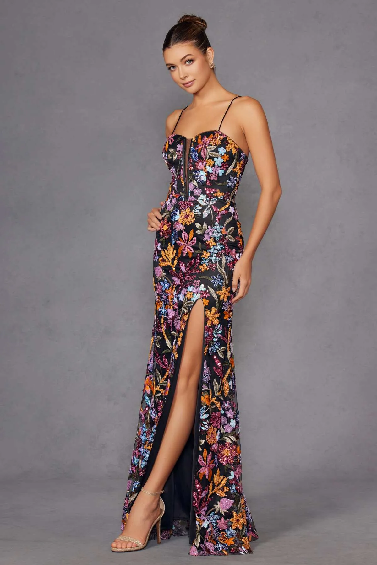Juliet JT2498A Long Fitted Floral Embroidered Design Evening Gown