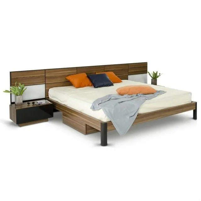 King Brown Wood Modern Platform Bed Frame with Headboard and 2 Nightstands
