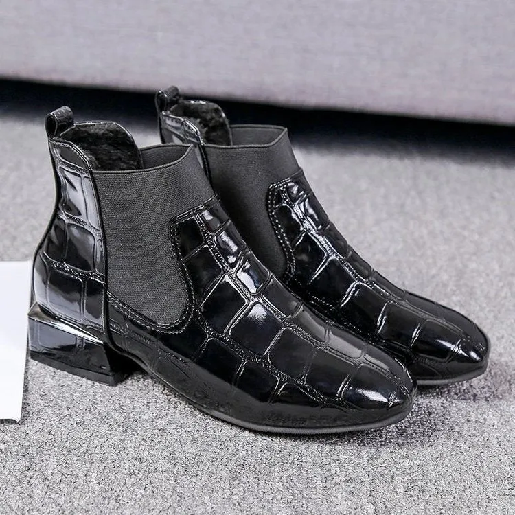 Large Size Women's Boots Winter Square Head Thick with Patent Leather Feet Short Boots British Style Fashion Martin Boots