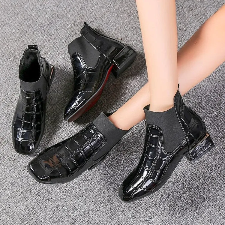 Large Size Women's Boots Winter Square Head Thick with Patent Leather Feet Short Boots British Style Fashion Martin Boots