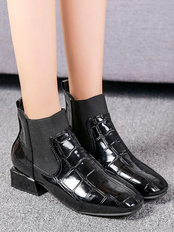 Large Size Women's Boots Winter Square Head Thick with Patent Leather Feet Short Boots British Style Fashion Martin Boots