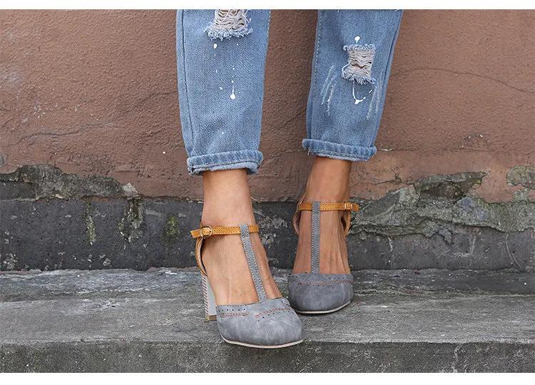 Large Size Women's Shoes Spring and Summer New One-line Buckle with High Heel Thick Sandals