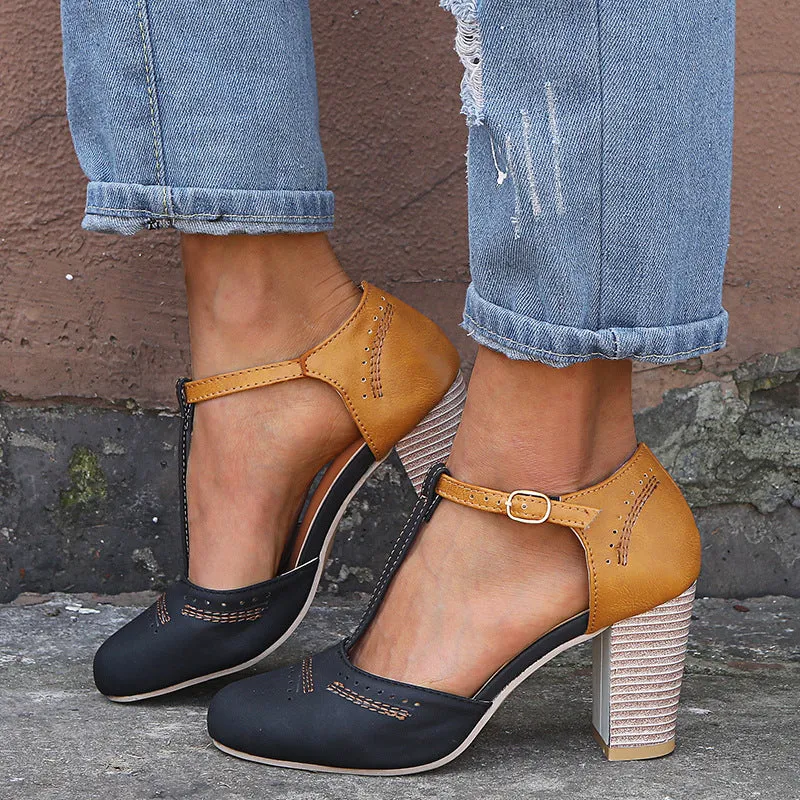 Large Size Women's Shoes Spring and Summer New One-line Buckle with High Heel Thick Sandals