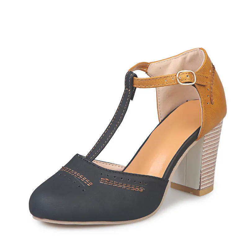 Large Size Women's Shoes Spring and Summer New One-line Buckle with High Heel Thick Sandals