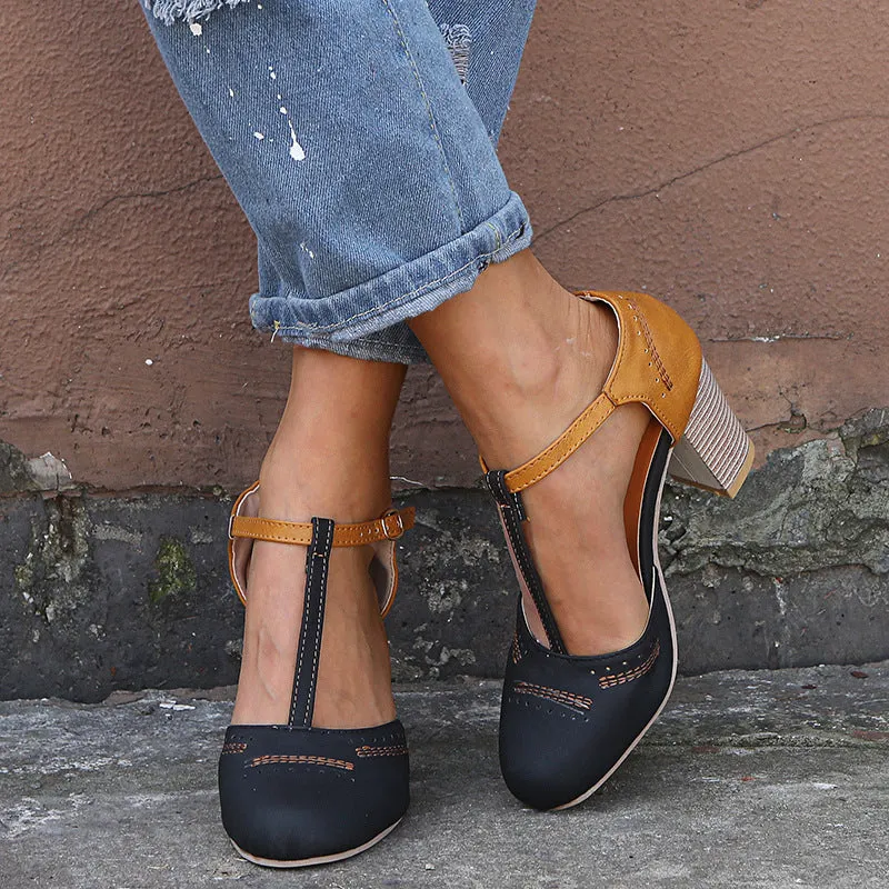 Large Size Women's Shoes Spring and Summer New One-line Buckle with High Heel Thick Sandals