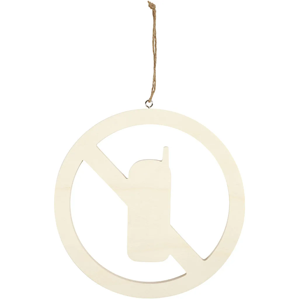 Light Wood Round Sign With String Hanging Decoration Crafts 21.3 cm - No Mobile Phones