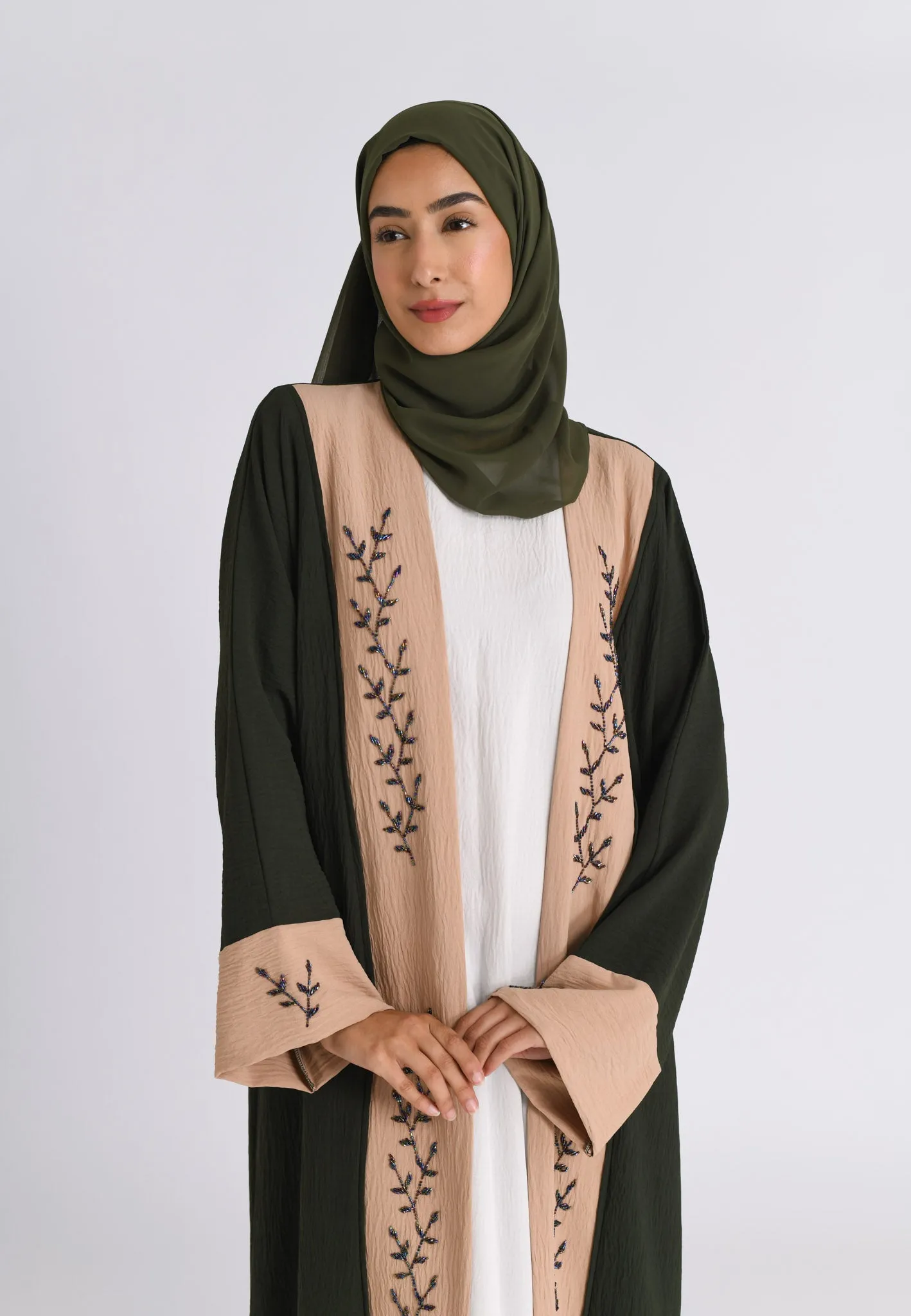 Luxury Pine And Beige Open Kimono Abaya (Premium)