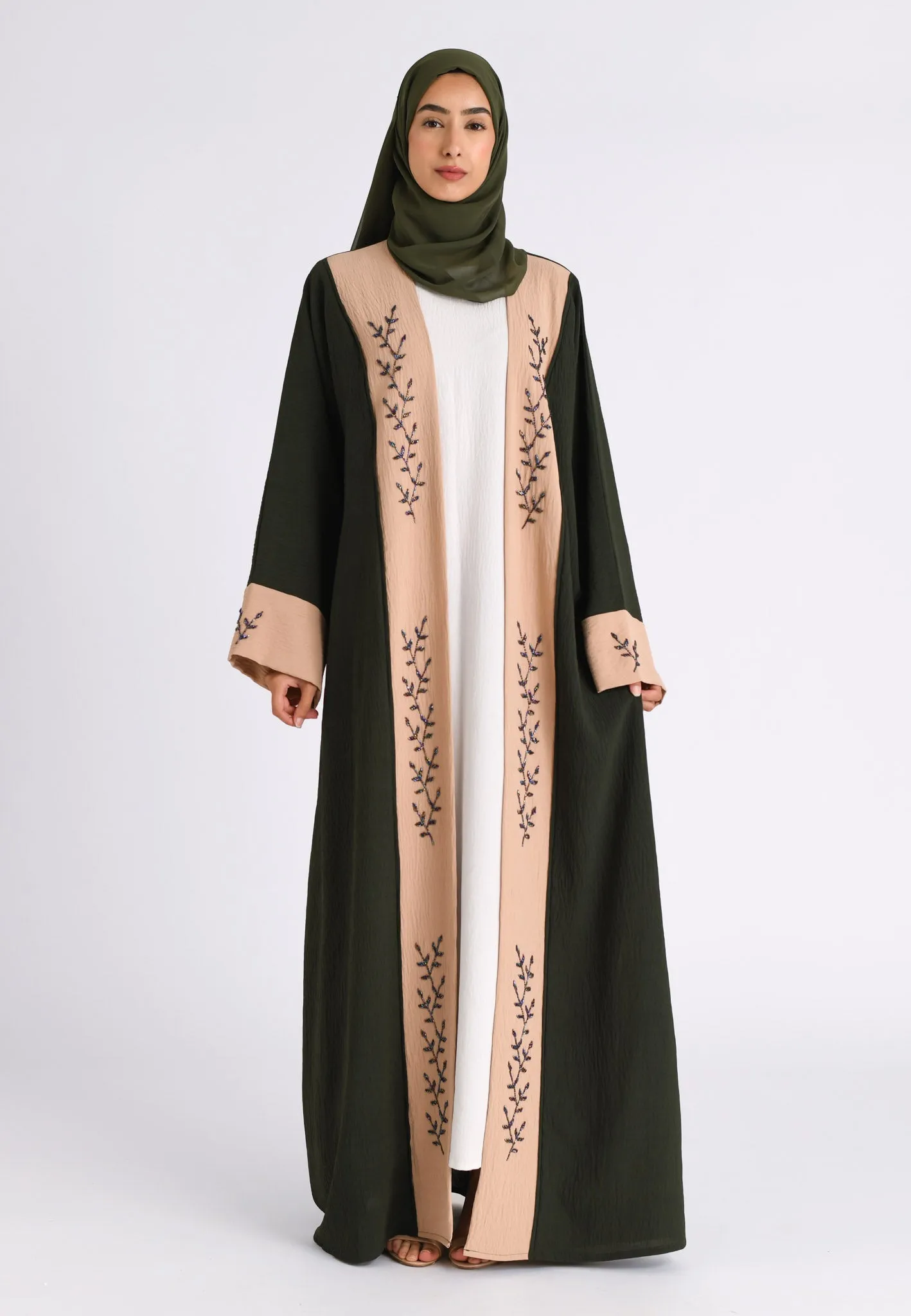 Luxury Pine And Beige Open Kimono Abaya (Premium)