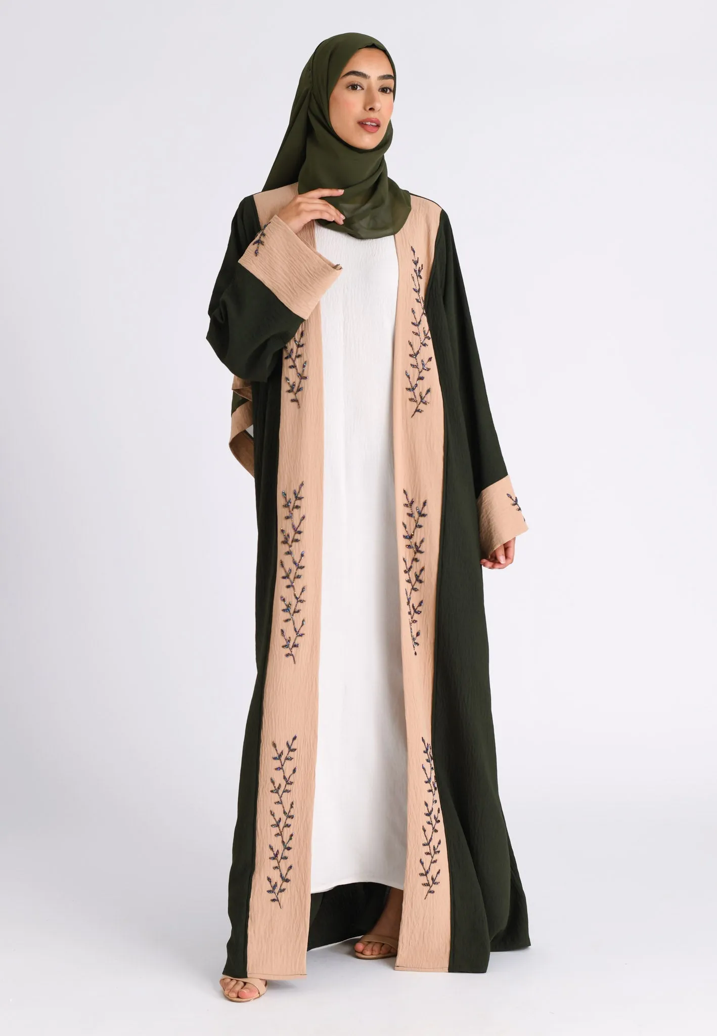 Luxury Pine And Beige Open Kimono Abaya (Premium)
