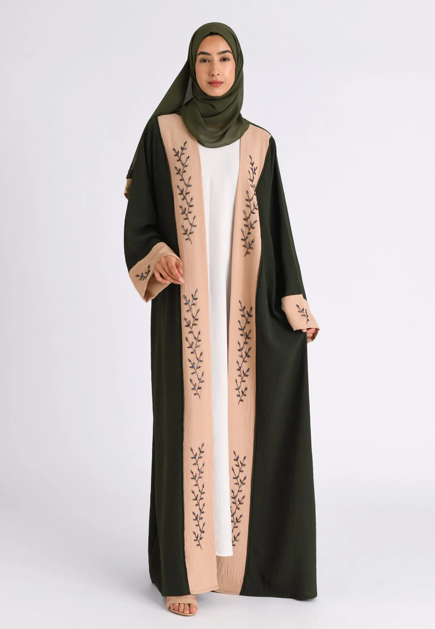 Luxury Pine And Beige Open Kimono Abaya (Premium)