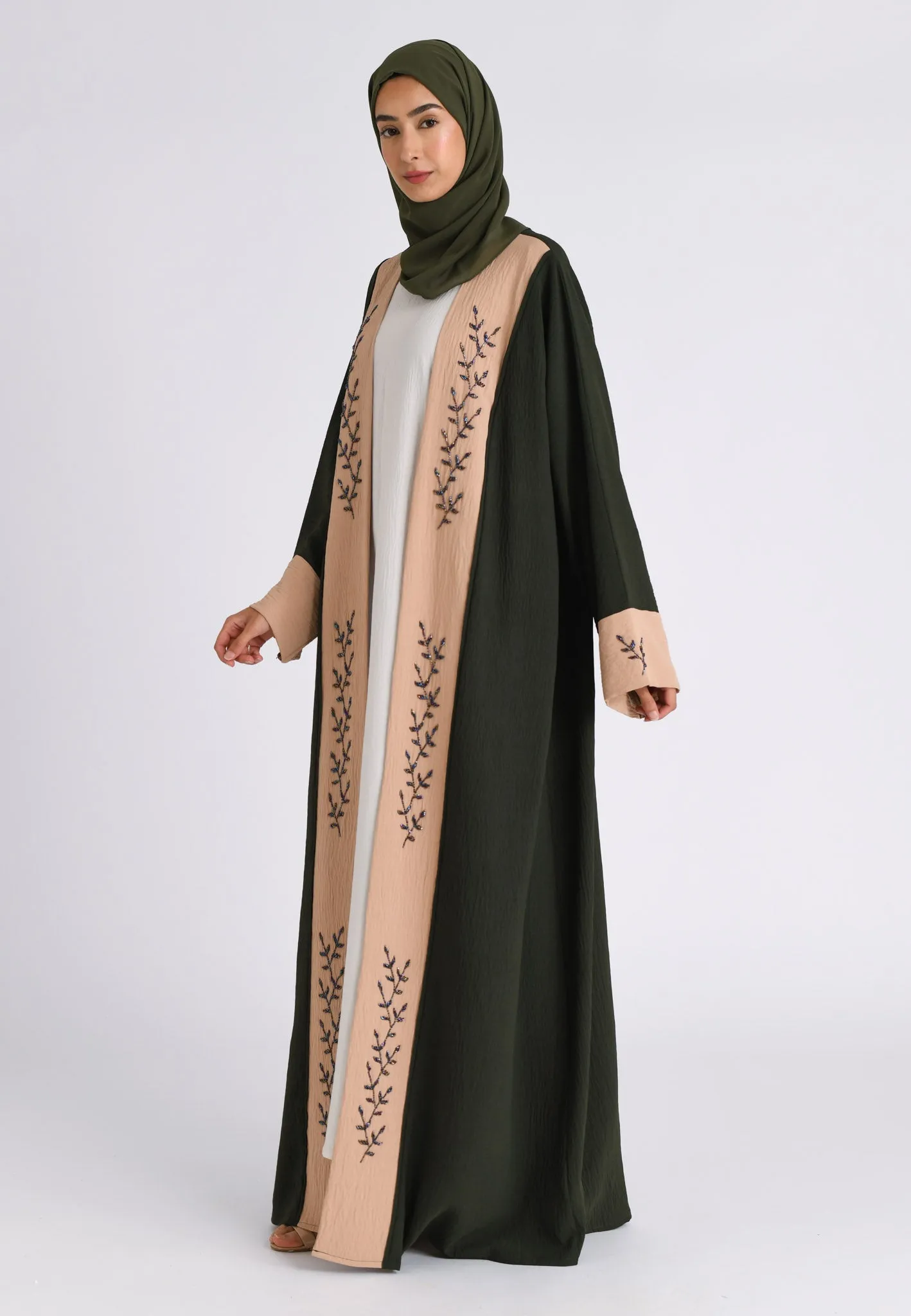 Luxury Pine And Beige Open Kimono Abaya (Premium)