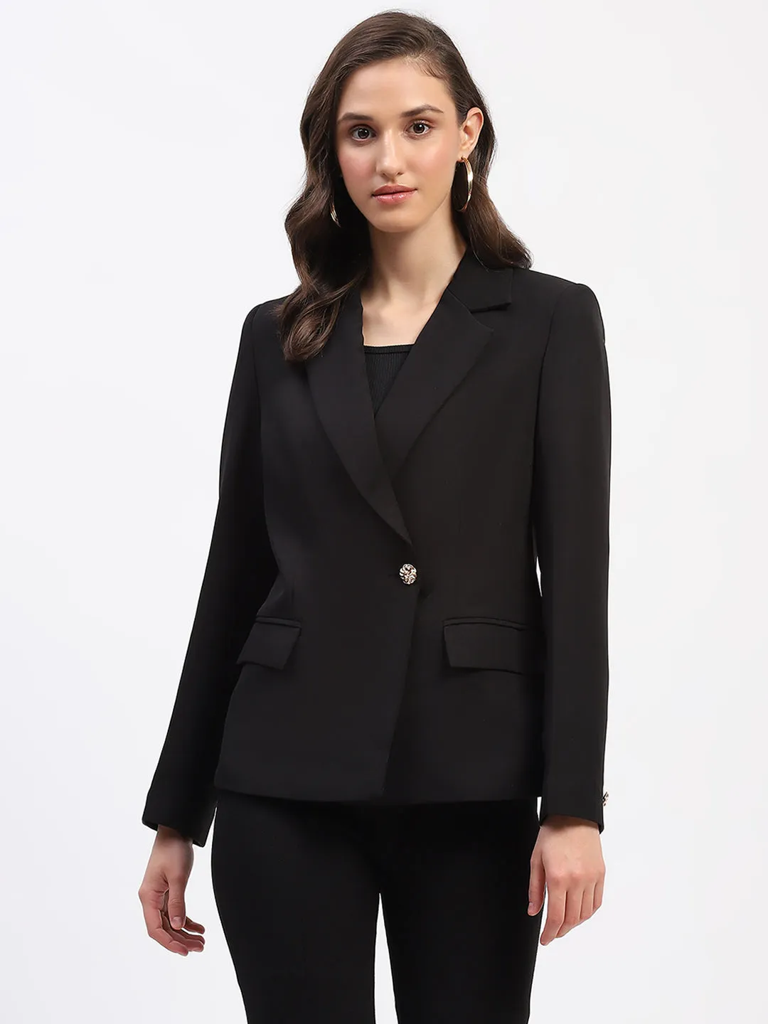 Madame Embellished Button Flap Patch Pocket Solid Black Blazer