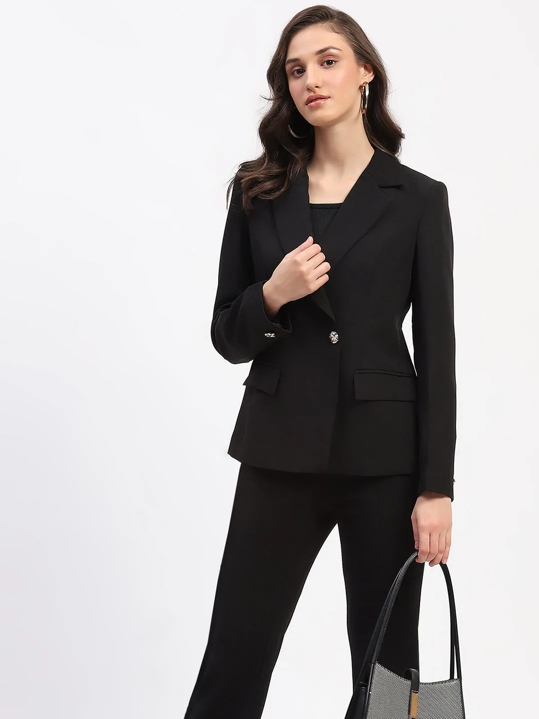 Madame Embellished Button Flap Patch Pocket Solid Black Blazer