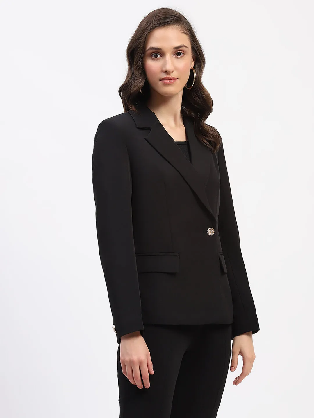 Madame Embellished Button Flap Patch Pocket Solid Black Blazer