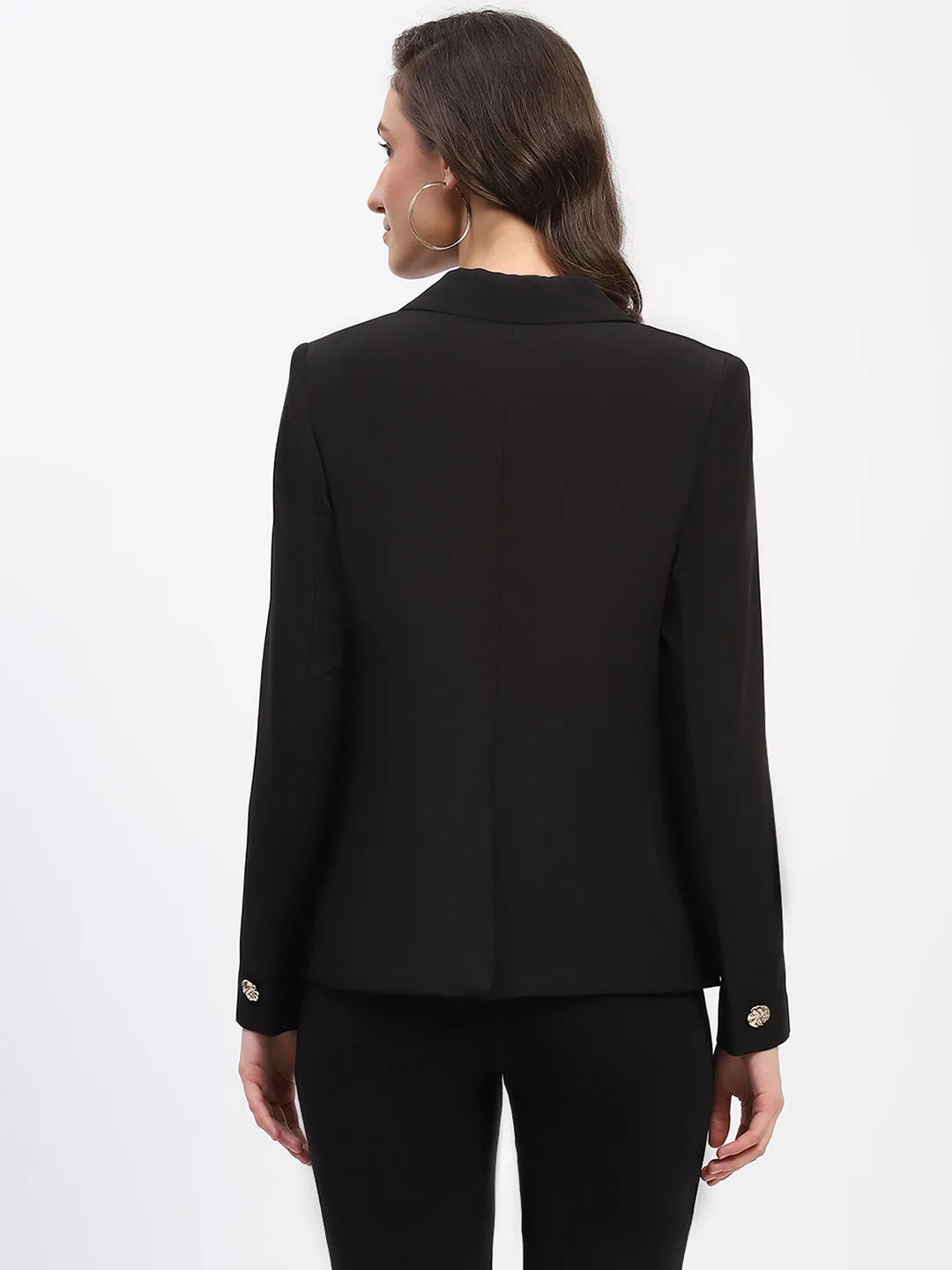 Madame Embellished Button Flap Patch Pocket Solid Black Blazer