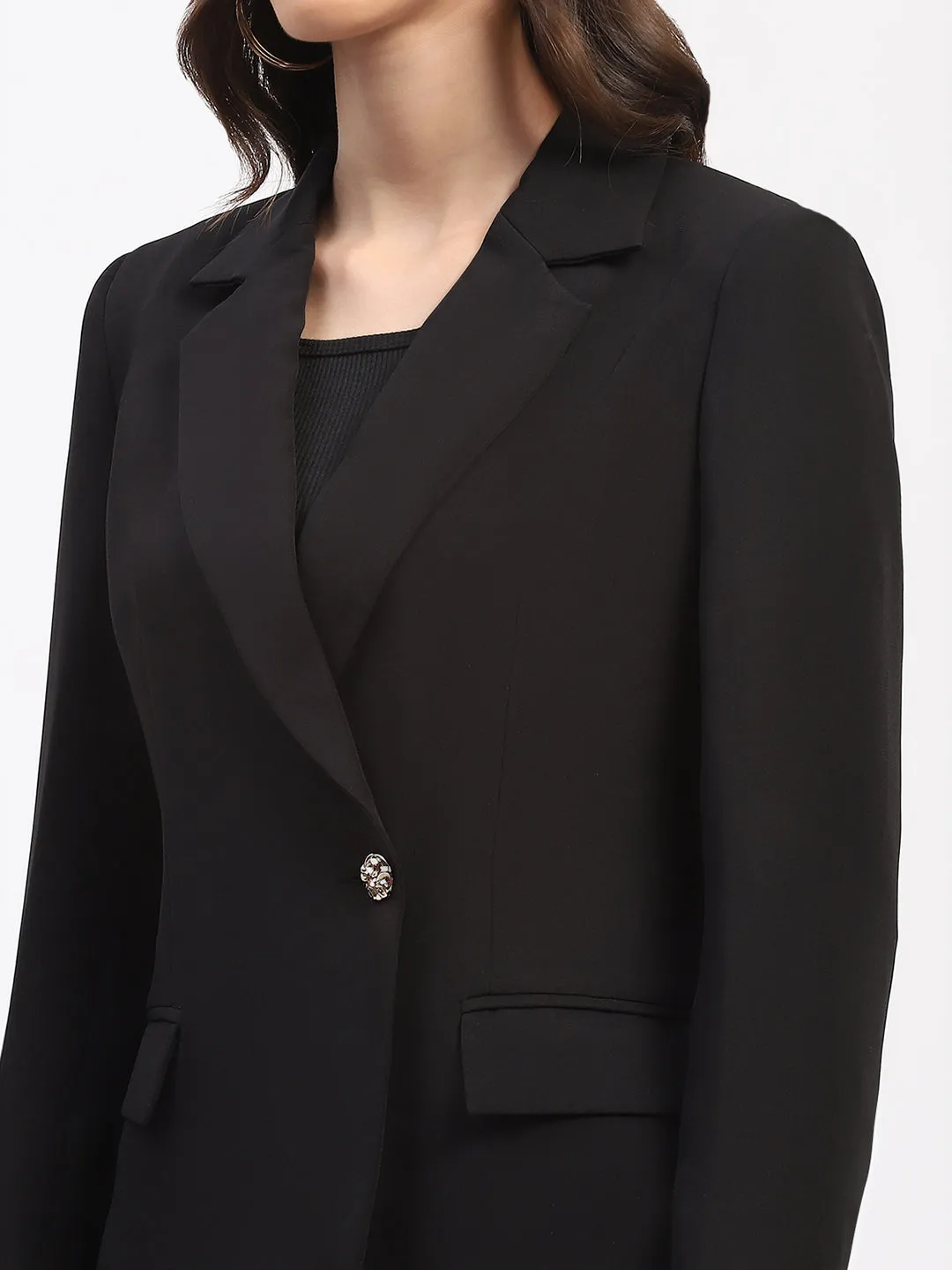 Madame Embellished Button Flap Patch Pocket Solid Black Blazer