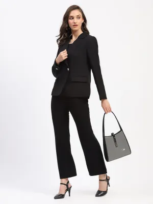 Madame Embellished Button Flap Patch Pocket Solid Black Blazer
