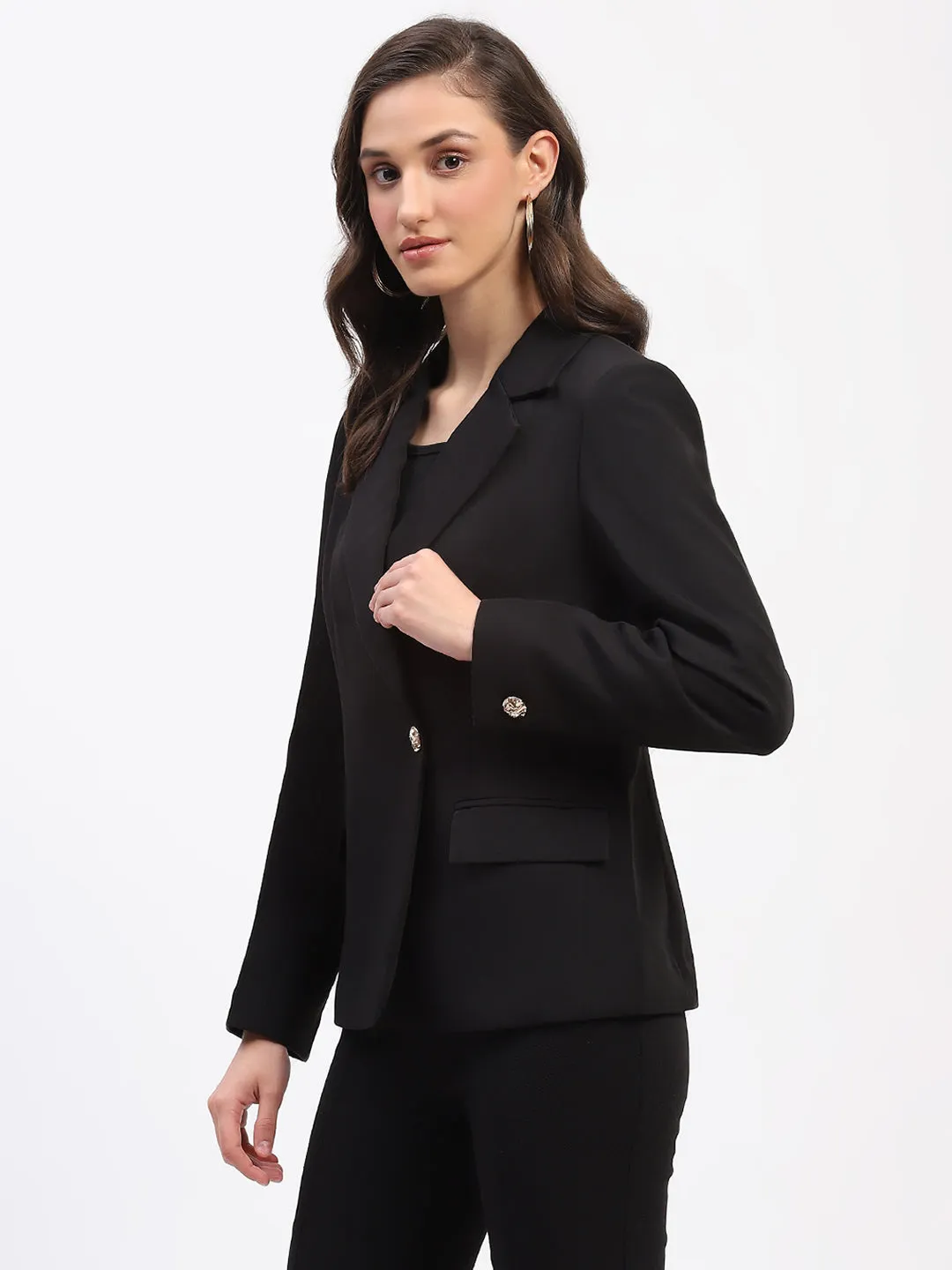 Madame Embellished Button Flap Patch Pocket Solid Black Blazer