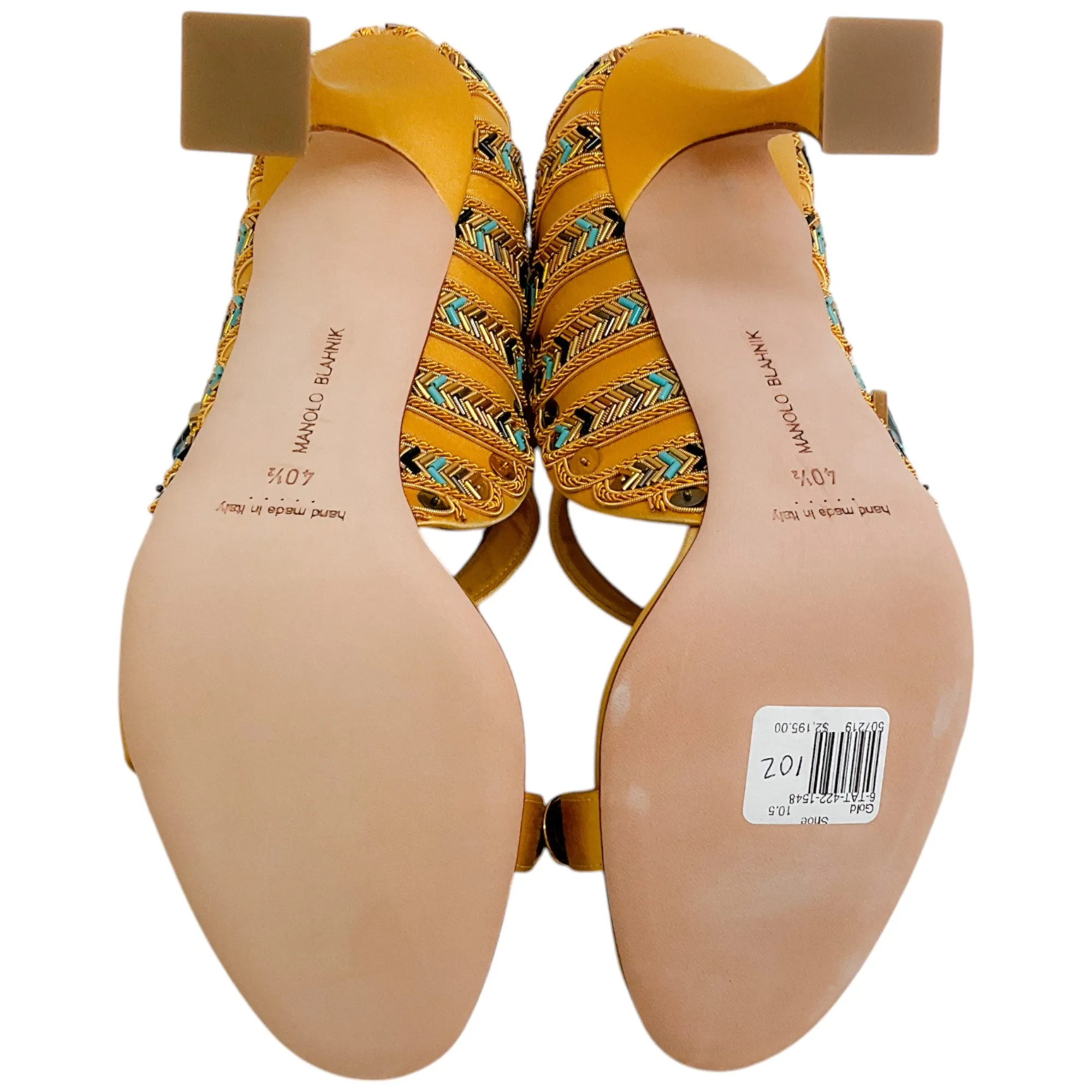 Manolo Blahnik Gold Embellished Satin Tat 105 Pumps
