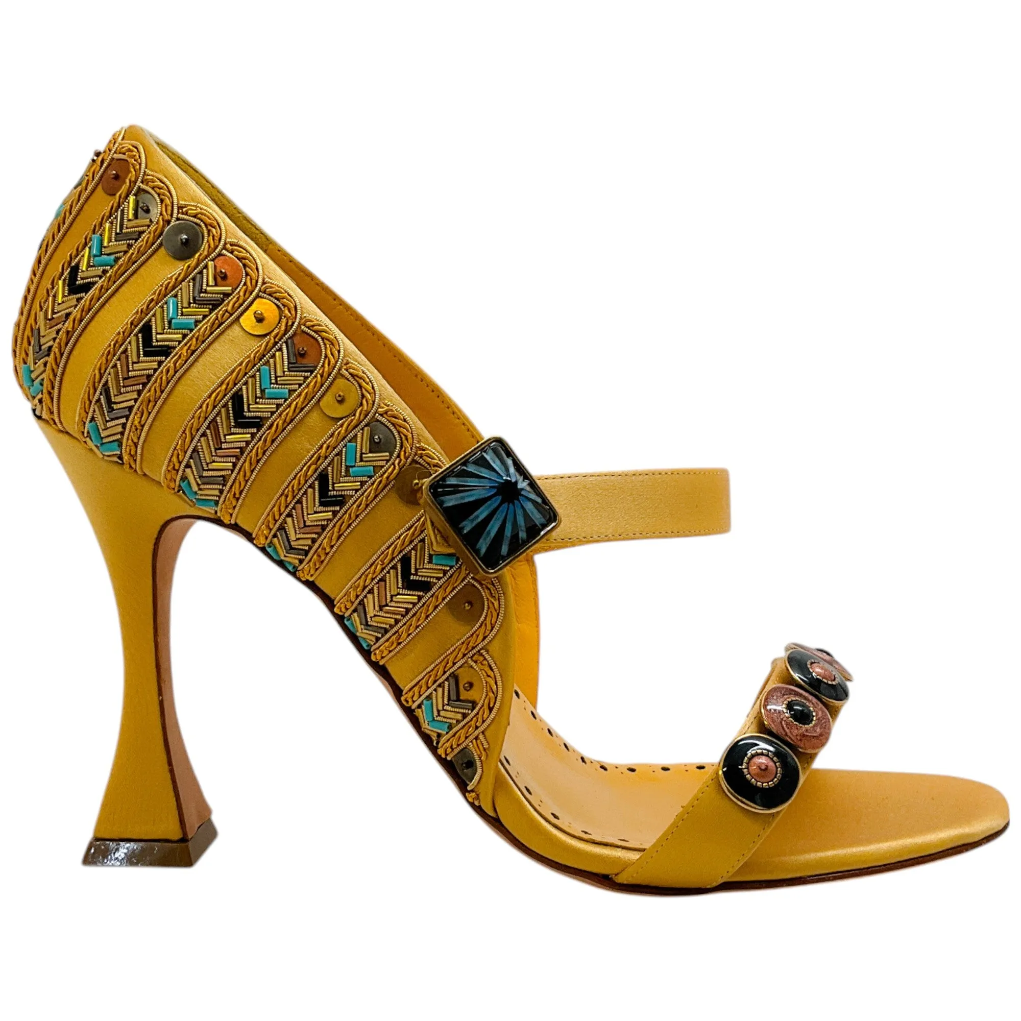 Manolo Blahnik Gold Embellished Satin Tat 105 Pumps