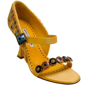 Manolo Blahnik Gold Embellished Satin Tat 105 Pumps