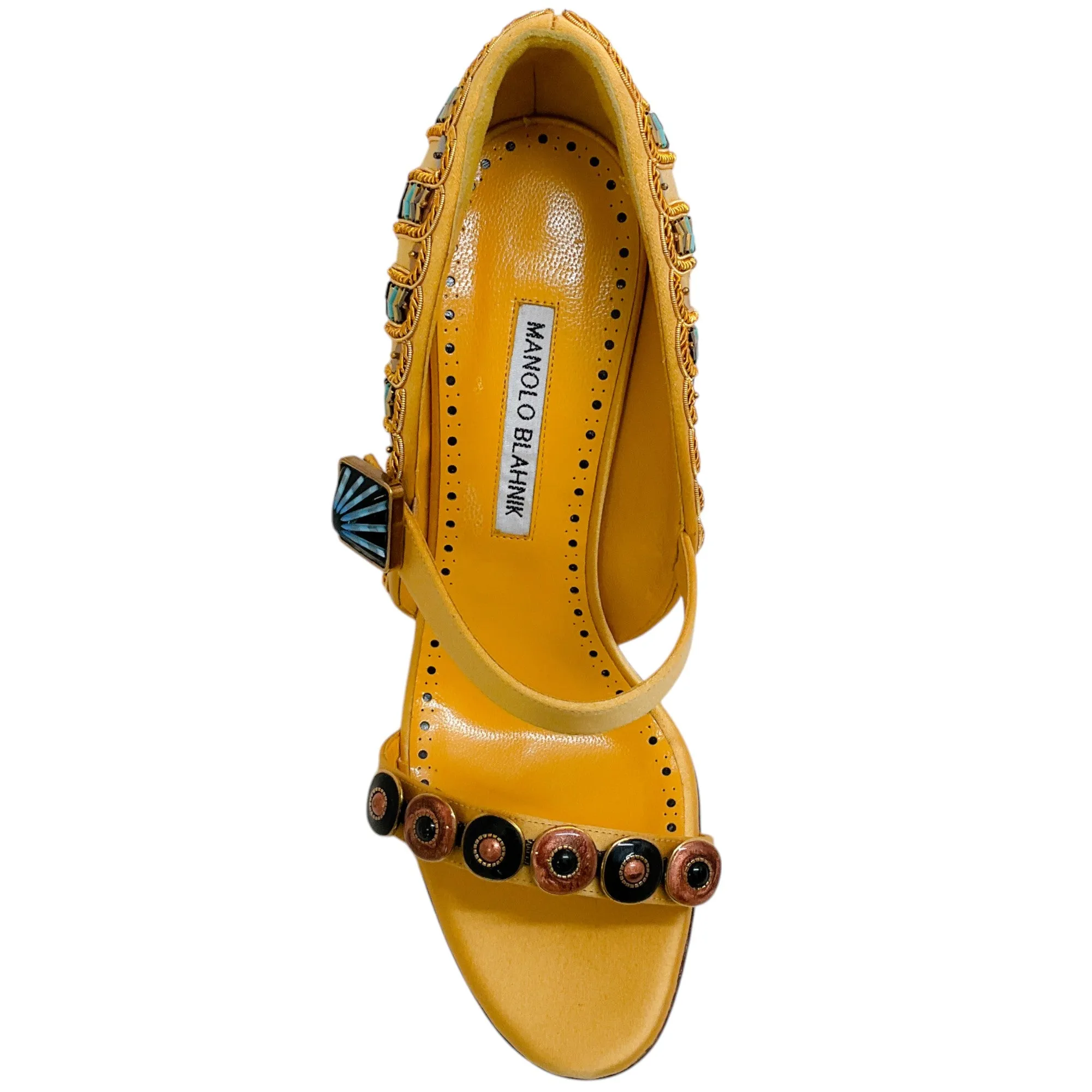 Manolo Blahnik Gold Embellished Satin Tat 105 Pumps
