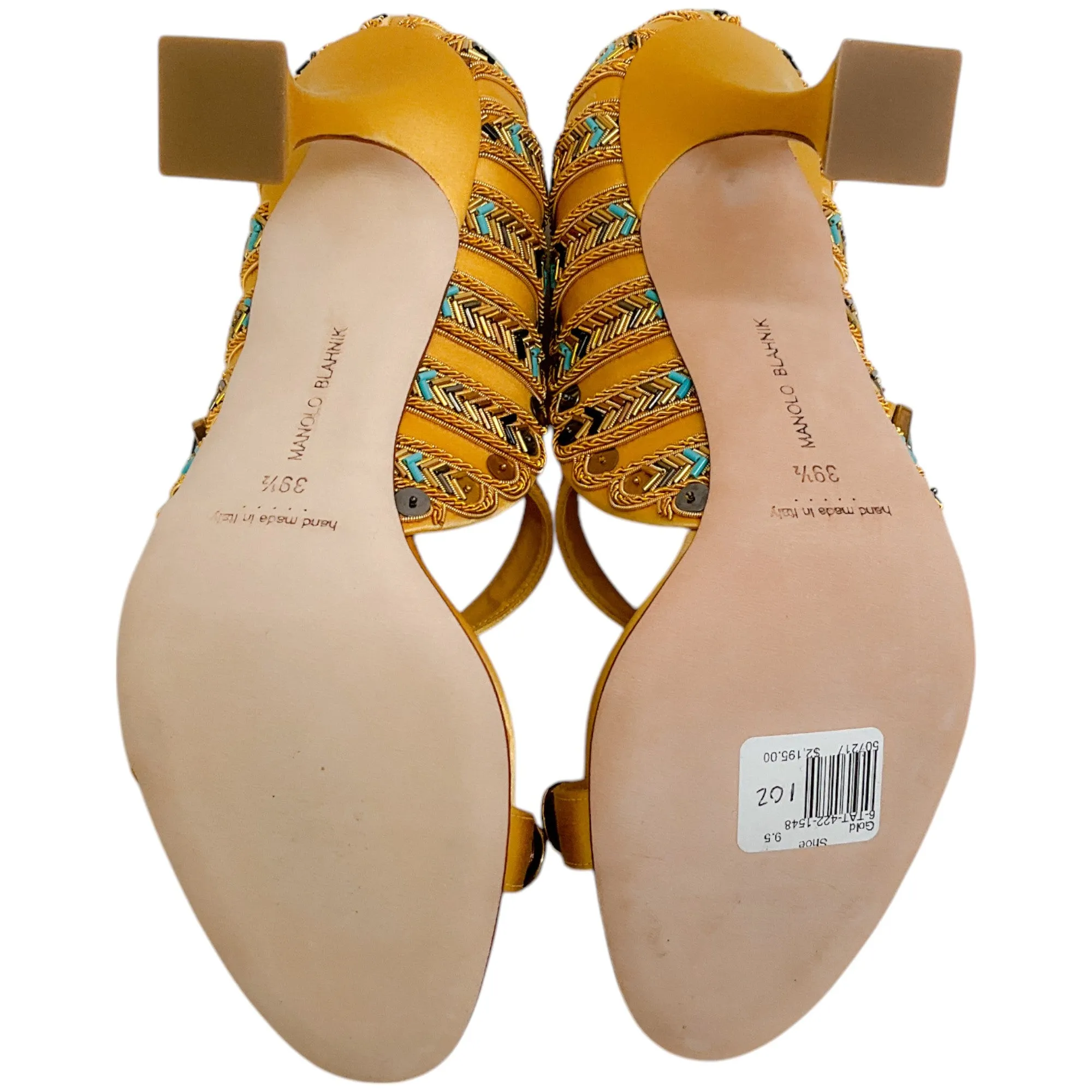 Manolo Blahnik Gold Embellished Satin Tat 105 Pumps
