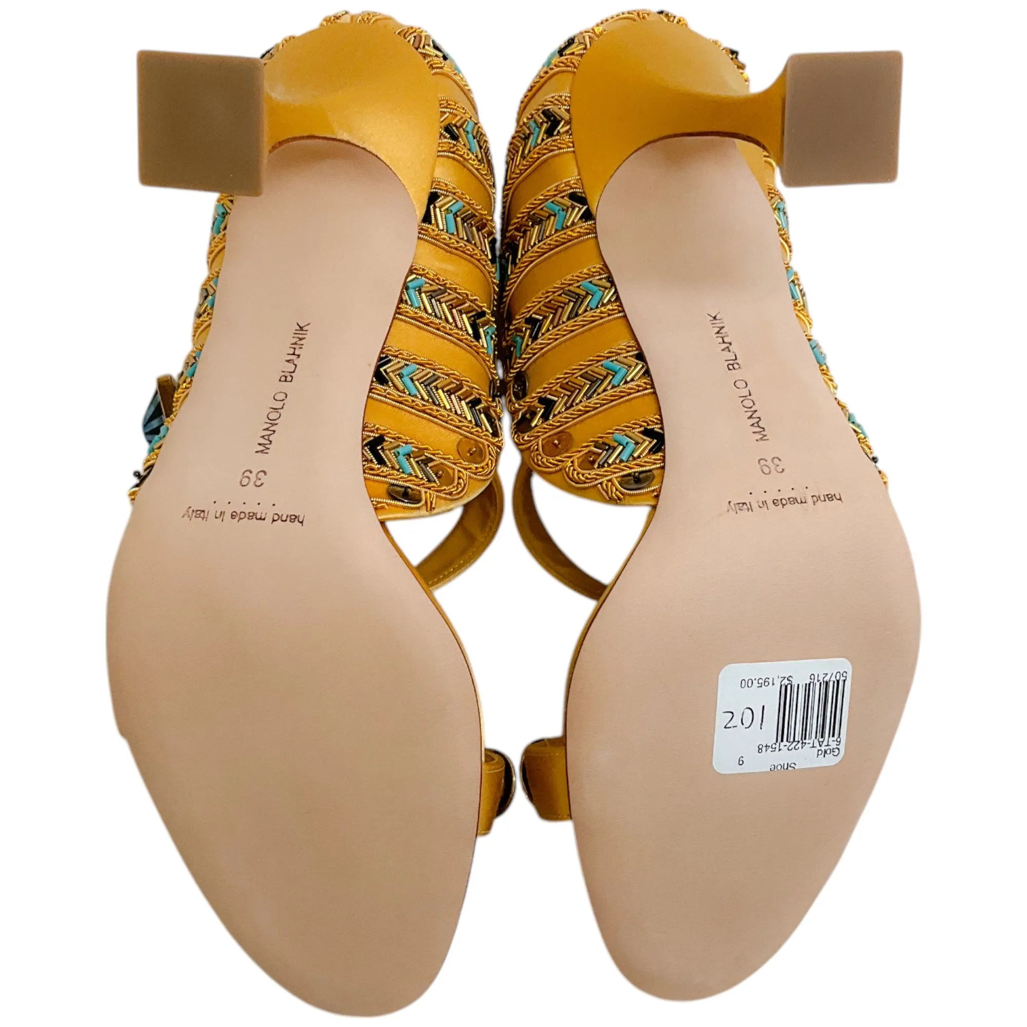 Manolo Blahnik Gold Embellished Satin Tat 105 Pumps