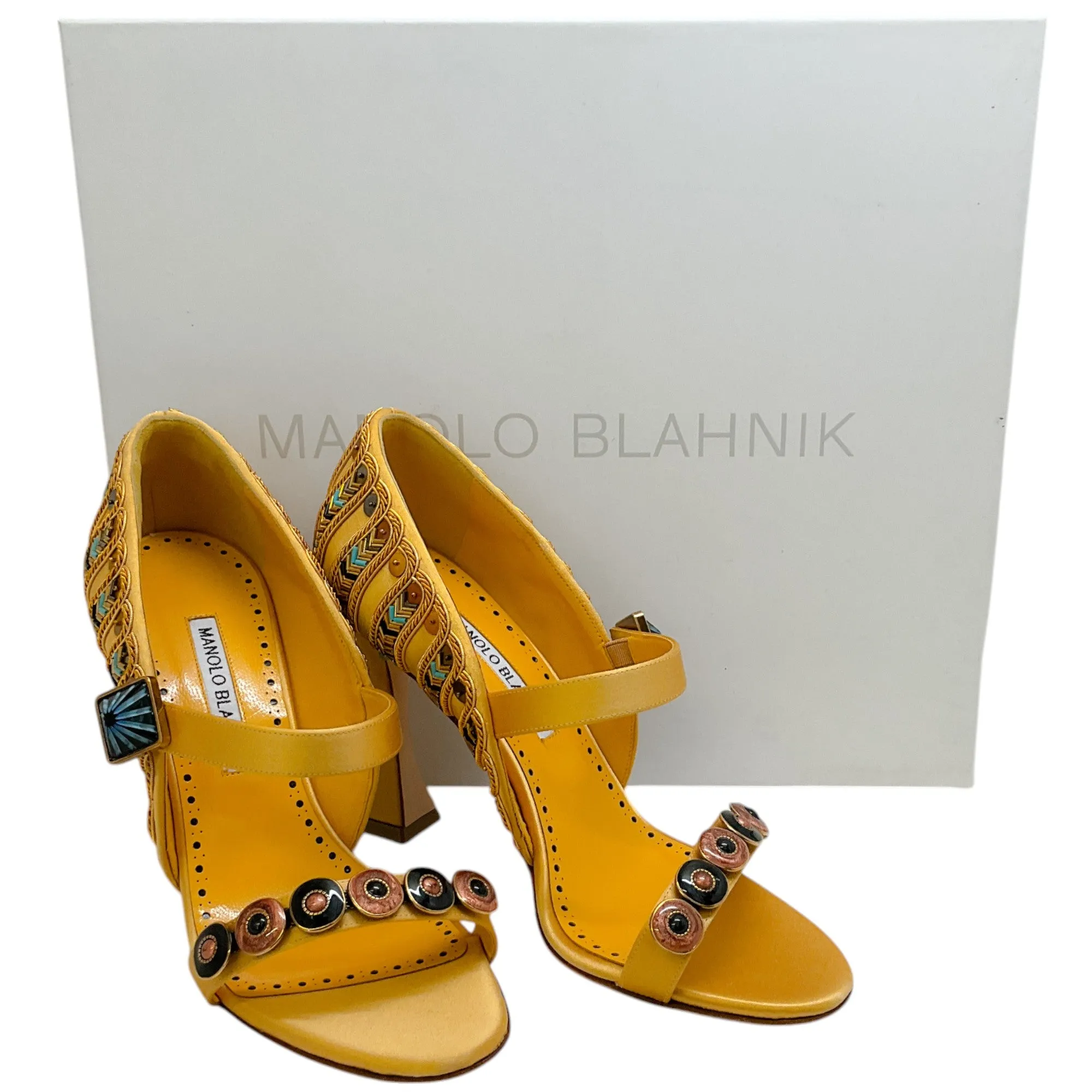 Manolo Blahnik Gold Embellished Satin Tat 105 Pumps