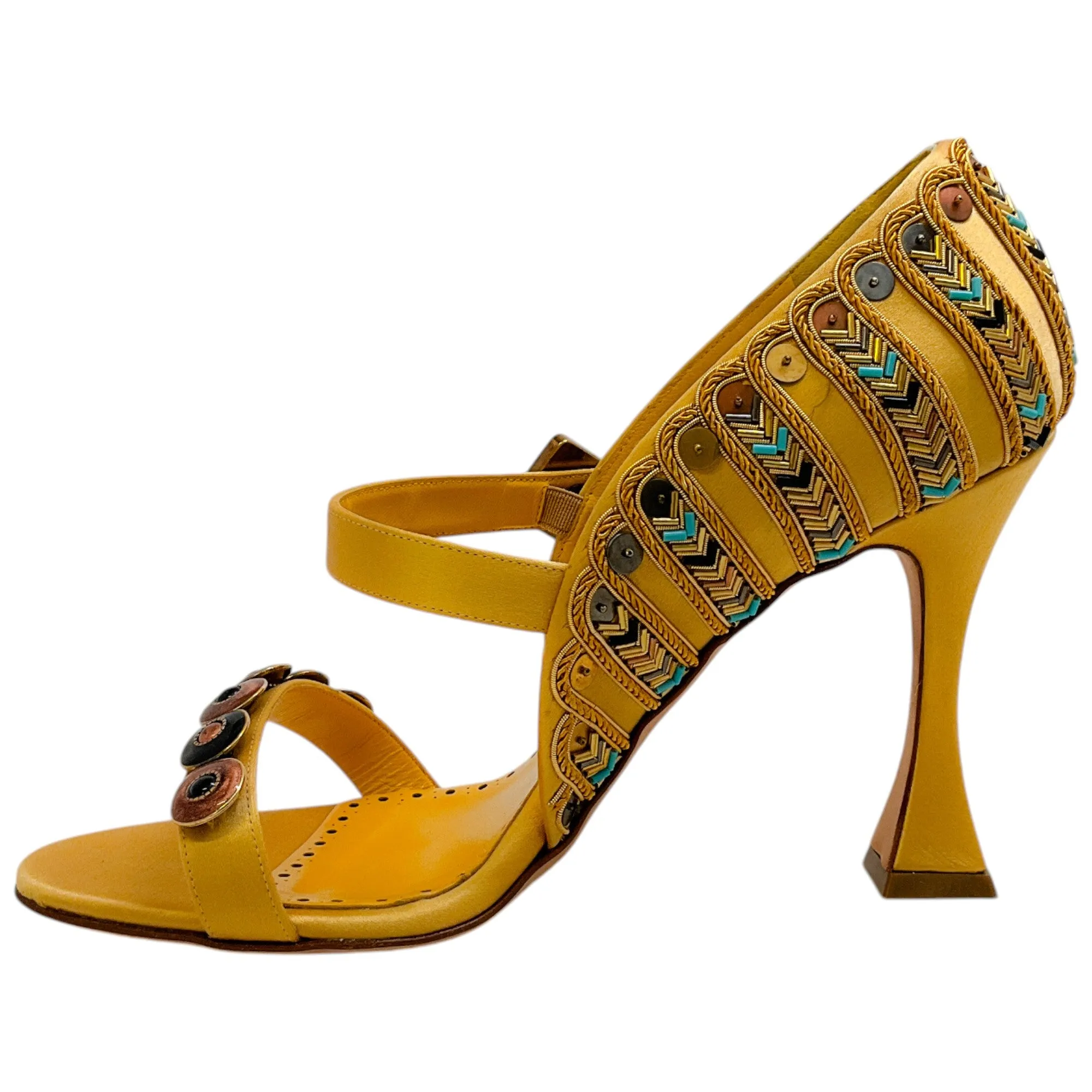 Manolo Blahnik Gold Embellished Satin Tat 105 Pumps