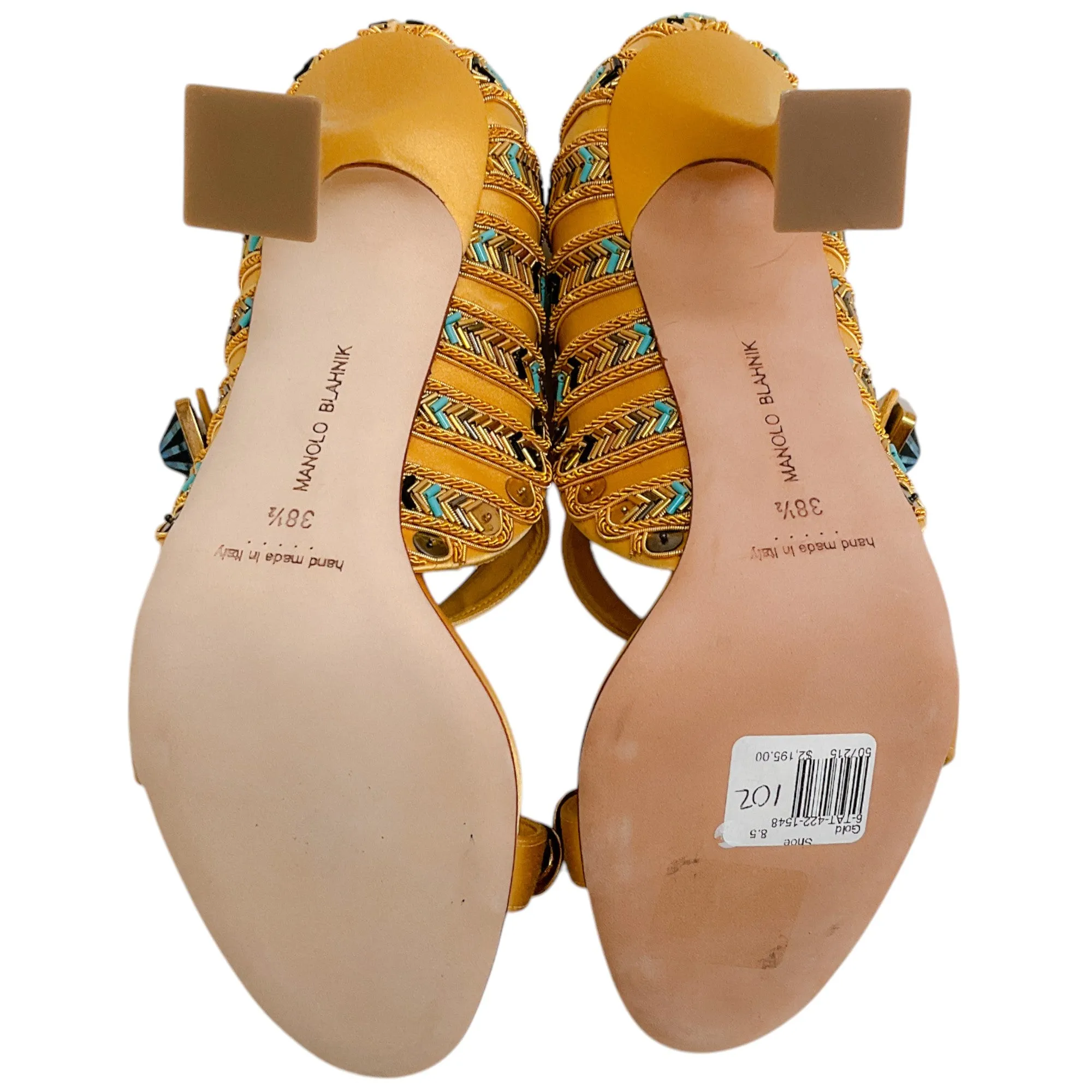 Manolo Blahnik Gold Embellished Satin Tat 105 Pumps
