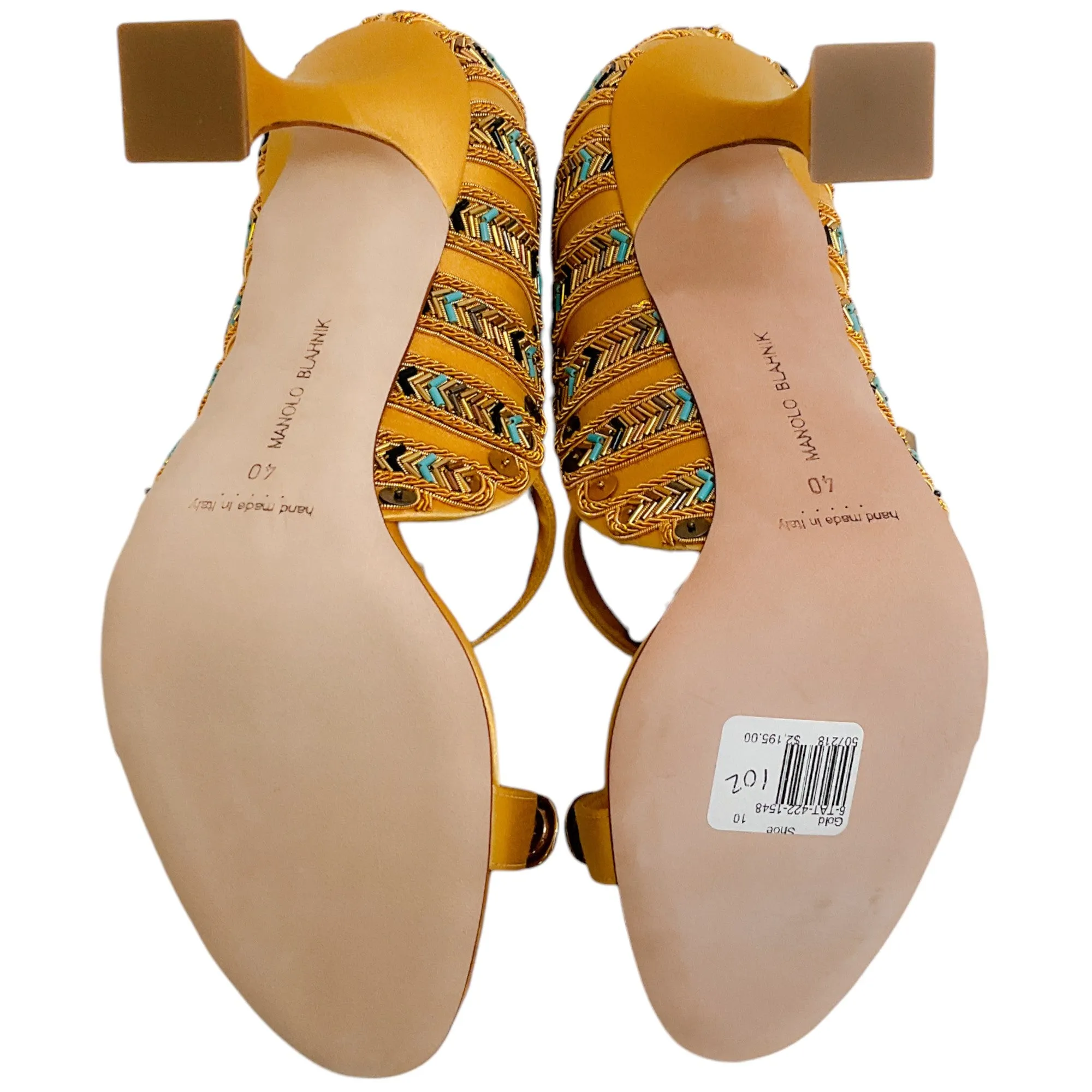 Manolo Blahnik Gold Embellished Satin Tat 105 Pumps