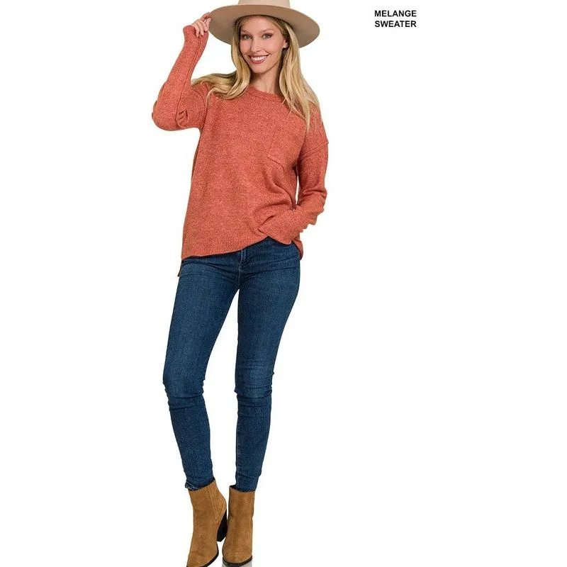 MELANGE HI-LOW HEM ROUND NECK SWEATER