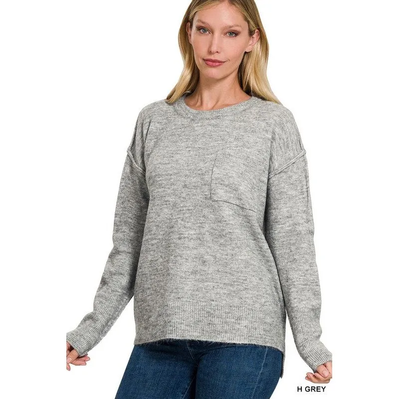 MELANGE HI-LOW HEM ROUND NECK SWEATER