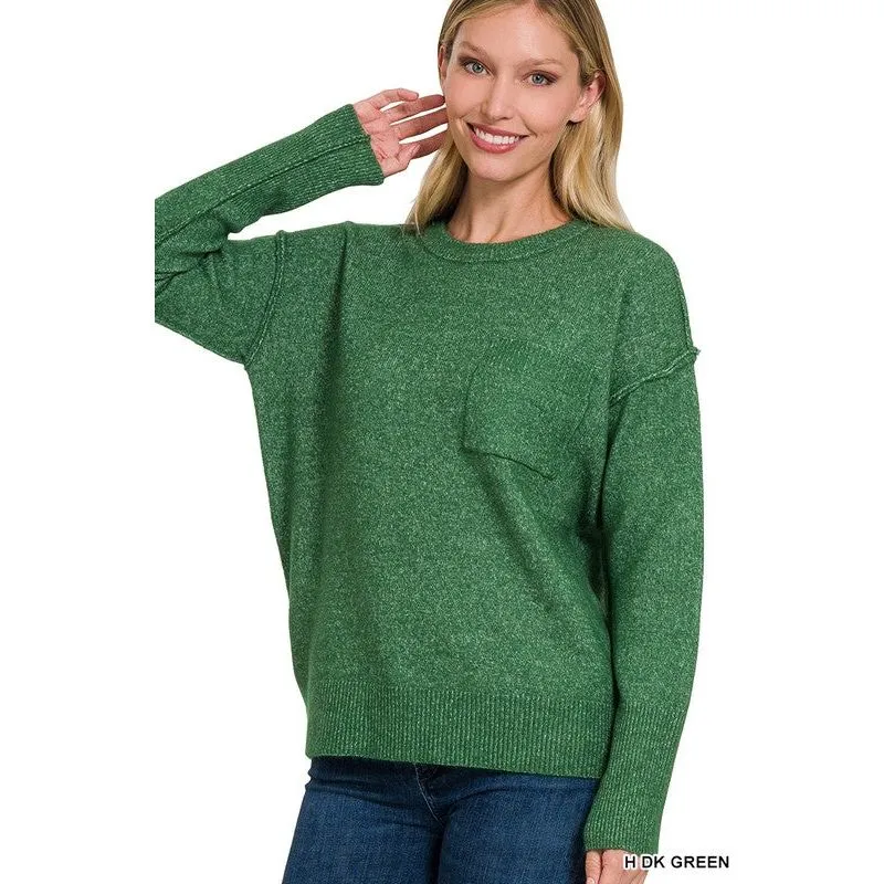 MELANGE HI-LOW HEM ROUND NECK SWEATER