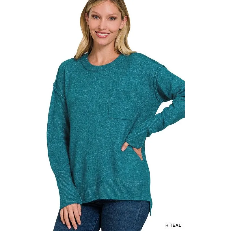 MELANGE HI-LOW HEM ROUND NECK SWEATER