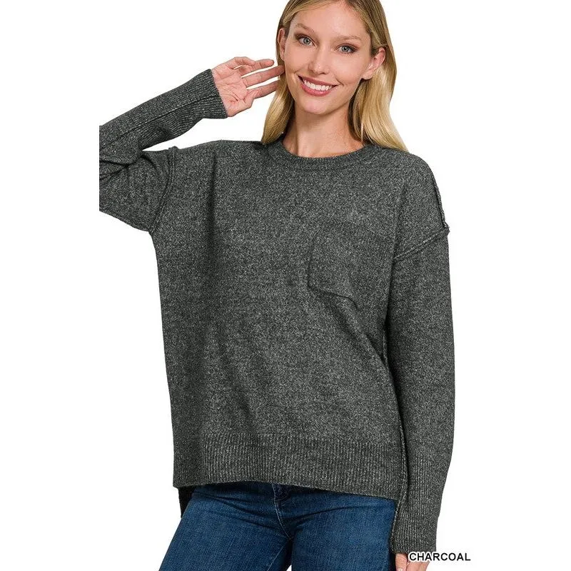 MELANGE HI-LOW HEM ROUND NECK SWEATER