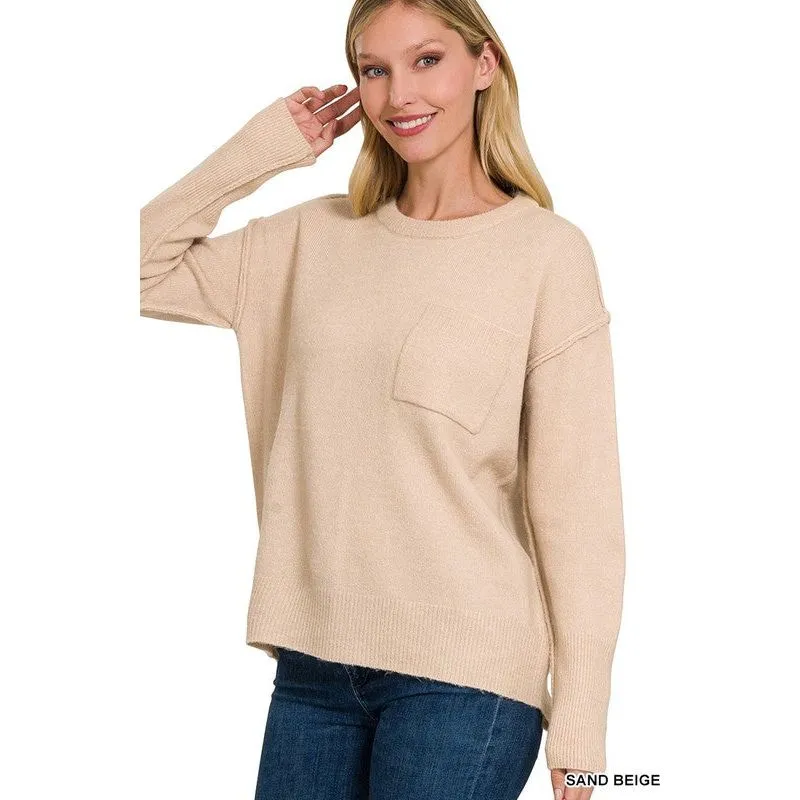 MELANGE HI-LOW HEM ROUND NECK SWEATER