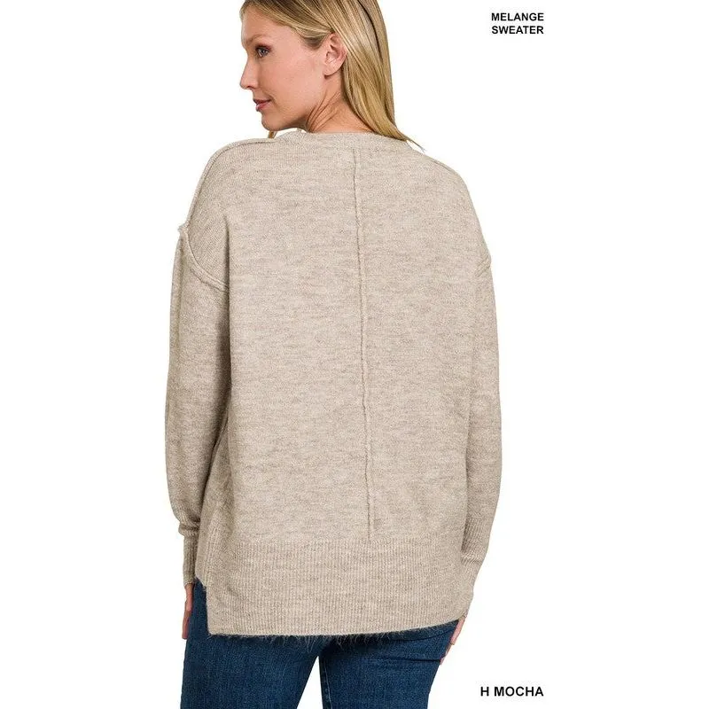 MELANGE HI-LOW HEM ROUND NECK SWEATER