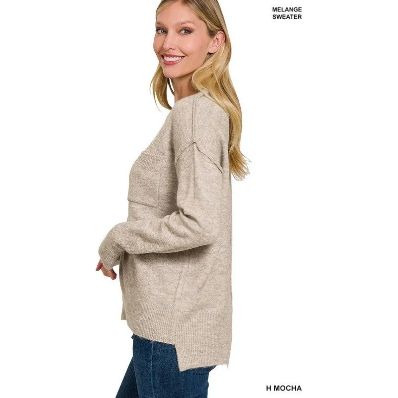 MELANGE HI-LOW HEM ROUND NECK SWEATER